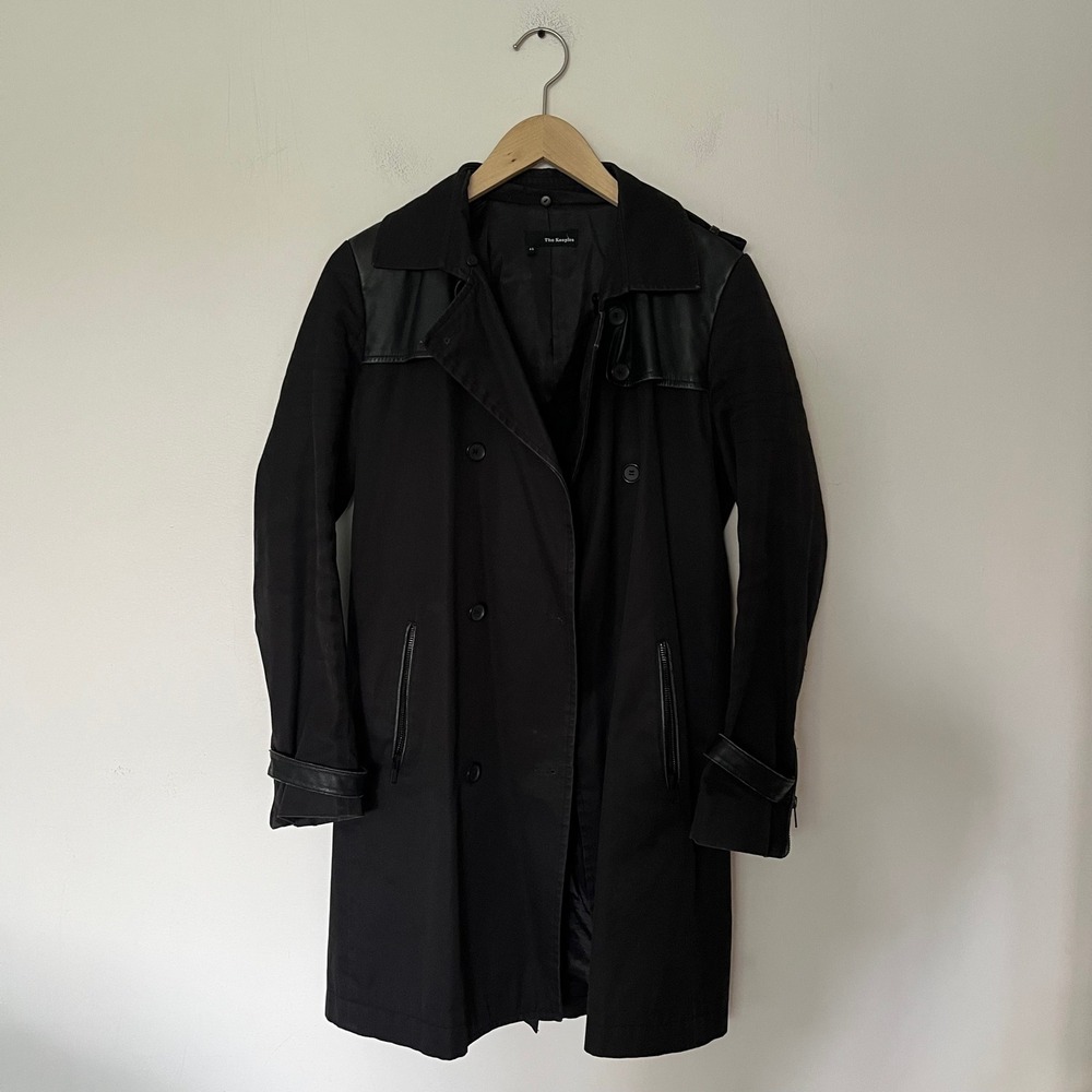 The Kooples Black Cotton Trench Coat Lamb Leather Trim Fur Collar Size 40 FPL303